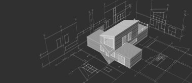 Modern ev mimari projesi çizimi 3D illüstrasyon