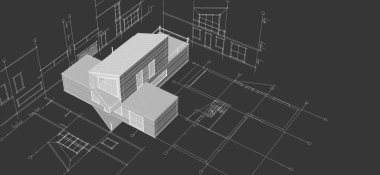 Modern ev mimari projesi çizimi 3D illüstrasyon