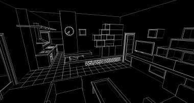 İç mutfak oturma odası 3D görüntü