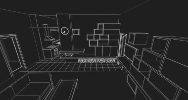 İç mutfak oturma odası 3D görüntü