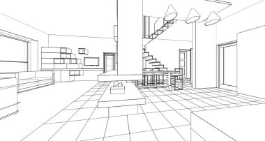 İç mutfak oturma odası 3D görüntü