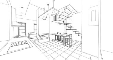 İç mutfak oturma odası 3D görüntü