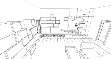 İç mutfak oturma odası 3D görüntü