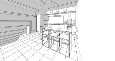 İç mutfak oturma odası 3D görüntü