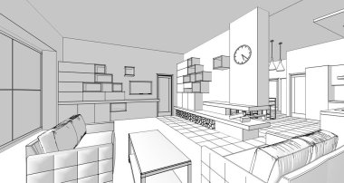 İç mutfak oturma odası 3D görüntü