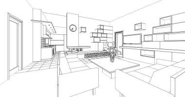 İç mutfak oturma odası 3D görüntü