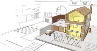 ev mimarisi projesi çizimi 3d illüstrasyon