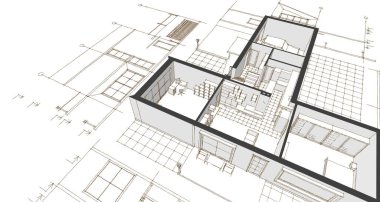 ev planı mimari taslak 3D illüstrasyon