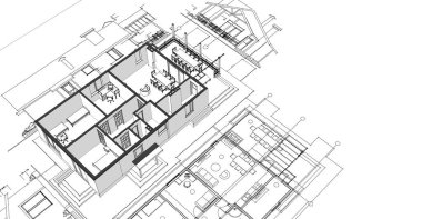 ev mimarisi projesi çizimi 3d illüstrasyon