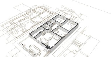 ev mimarisi projesi çizimi 3d illüstrasyon