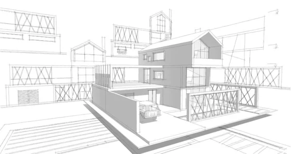 房屋建筑草图3D图解 — 图库照片