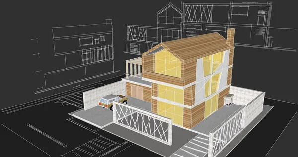 Dom Plan Fasady Architektoniczny Szkic Ilustracja — Zdjęcie stockowe