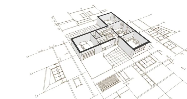 Dům Plán Fasády Architektonický Náčrt Ilustrace — Stock fotografie