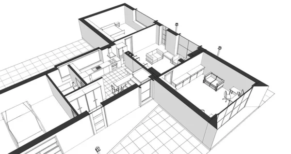 家の計画は建築のスケッチ3Dイラストに直面し — ストック写真