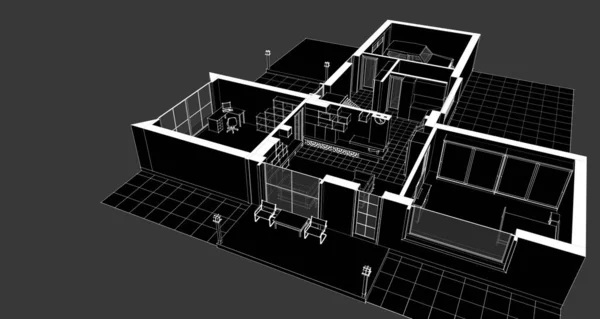 Casa Pianta Facciate Schizzo Architettonico Illustrazione — Foto Stock