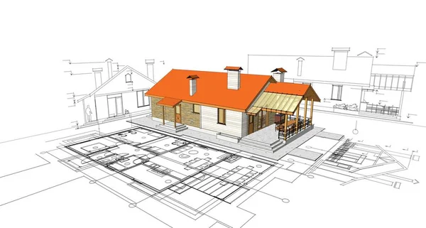 房屋建筑草图3D图解 — 图库照片