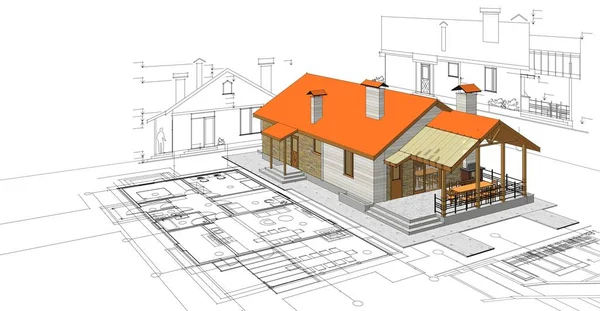 房屋建筑草图3D图解 — 图库照片