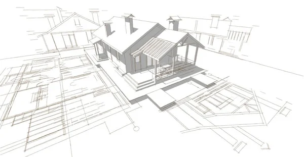 房屋建筑草图3D图解 — 图库照片