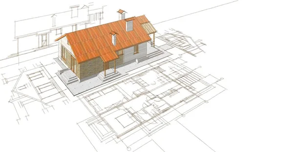 家の建築プロジェクトスケッチ3Dイラスト — ストック写真