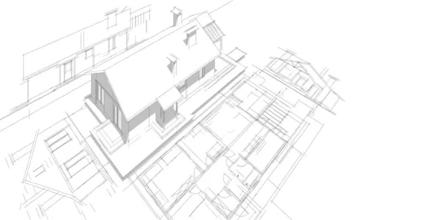 房屋建筑草图3D图解 — 图库照片