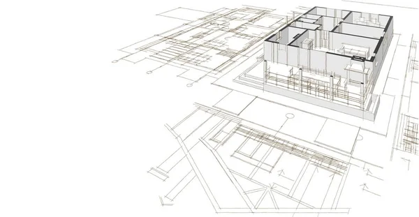 房屋建筑草图3D图解 — 图库照片