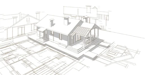 房屋建筑草图3D图解 — 图库照片#