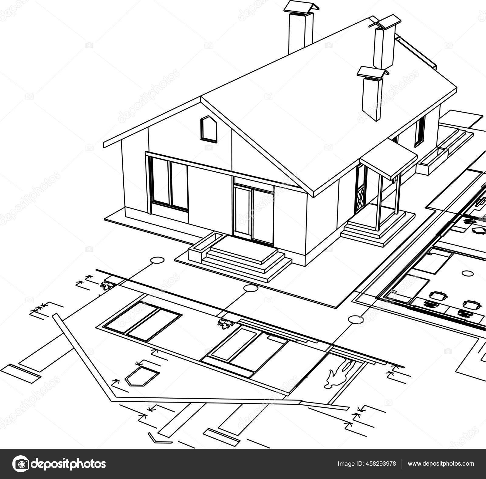 Plano Casa Fachadas Desenho Arquitetônico Ilustração Vetor de ©SAdesign  458293978, image size:1600x1579