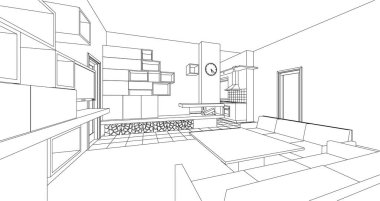İç mutfak oturma odası 3D görüntü