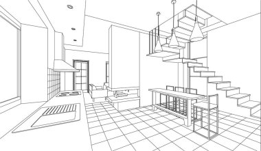 İç mutfak oturma odası 3D görüntü