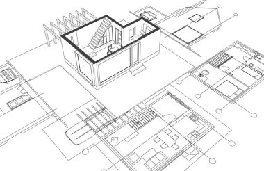 ev, mimari proje, çizim, üç boyutlu illüstrasyon