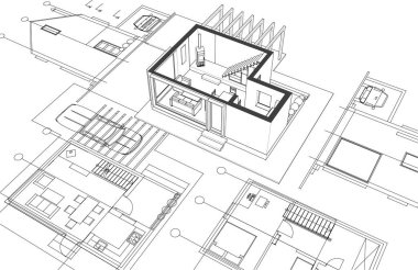 ev, mimari proje, çizim, üç boyutlu illüstrasyon