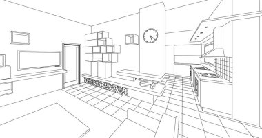 İç mutfak oturma odası 3D görüntü