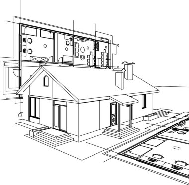 ev planı mimari taslak 3D illüstrasyon