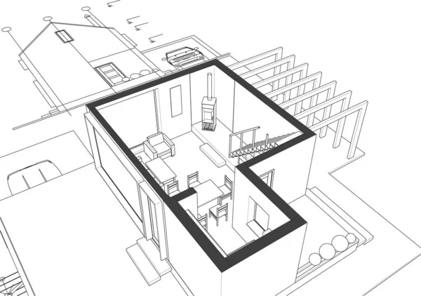 Casa Projeto Arquitetônico Esboço Ilustração — Vetor de Stock