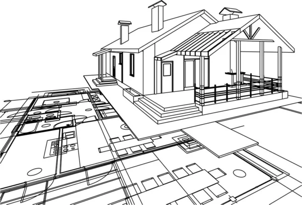 Hus Arkitektur Projekt Skiss Illustration — Stock vektor