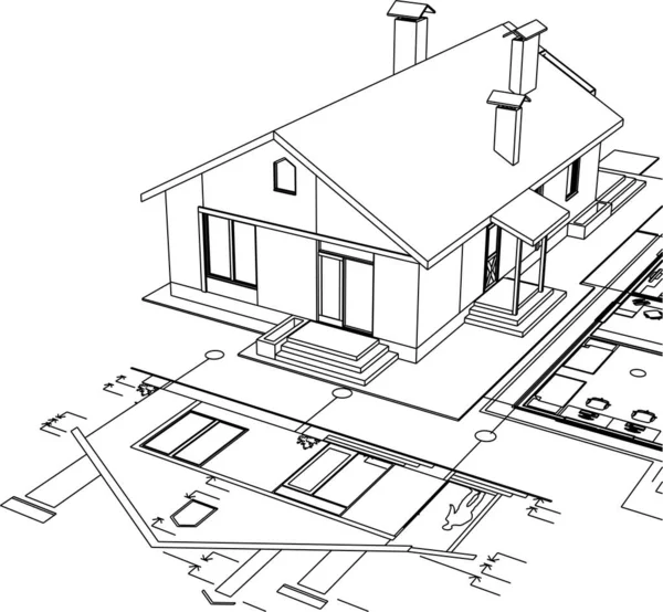 Fachadas Plano Casa Bosquejo Arquitectónico Ilustración — Vector de stock