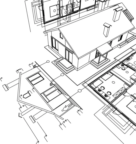 Hus Plan Fasader Arkitektonisk Skiss Illustration — Stock vektor