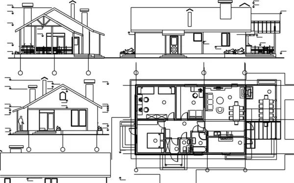 Fachadas Plano Casa Bosquejo Arquitectónico Ilustración — Vector de stock