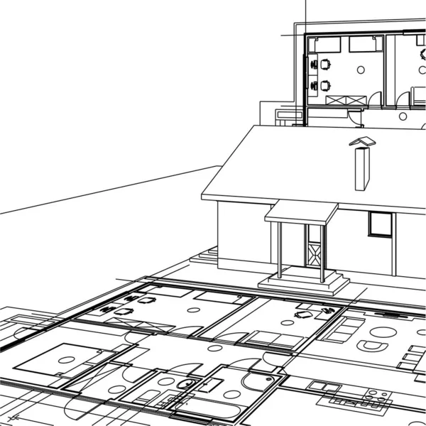 Dům Plán Fasády Architektonický Náčrt Ilustrace — Stockový vektor