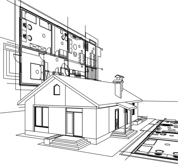 Haus Plan Fassaden Architektonische Skizze Illustration — Stockvektor