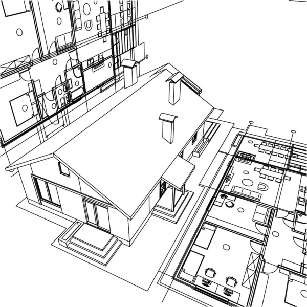 Dom Plan Fasady Architektoniczny Szkic Ilustracja — Wektor stockowy