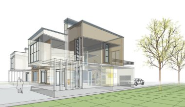 ev mimarisi çizimi 3d illüstrasyon