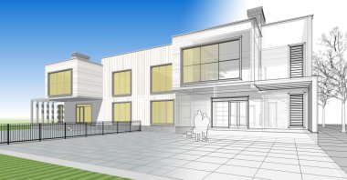 ev mimarisi çizimi 3d illüstrasyon