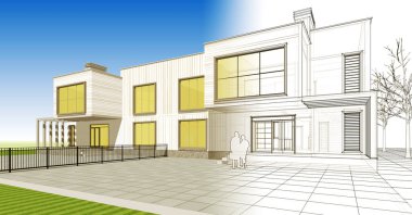 ev mimarisi çizimi 3d illüstrasyon