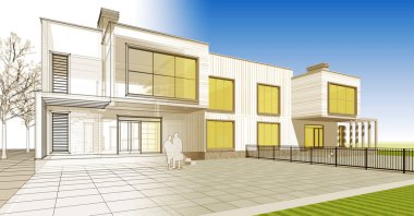 ev mimarisi çizimi 3d illüstrasyon