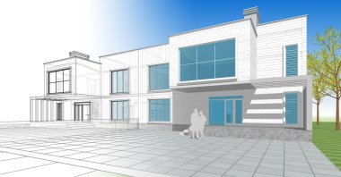 ev mimarisi çizimi 3d illüstrasyon