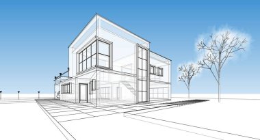 modern küçük mimari çizimi 3d illüstrasyon
