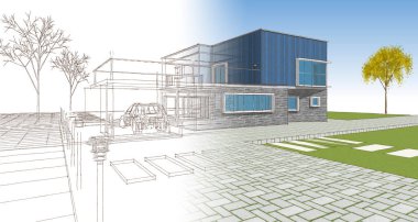modern küçük mimari çizimi 3d illüstrasyon