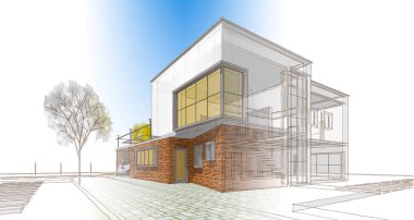 modern küçük mimari çizimi 3d illüstrasyon