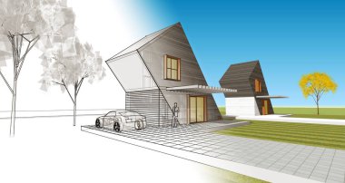 Küçük modern ev 3D illüstrasyon